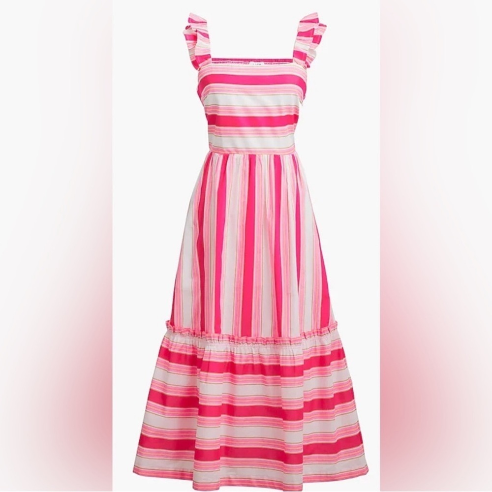 J. CREW | Striped Pink and White 100% Cotton Ruffle Straps Midi Dress Sz. 6 - Picture 2 of 7